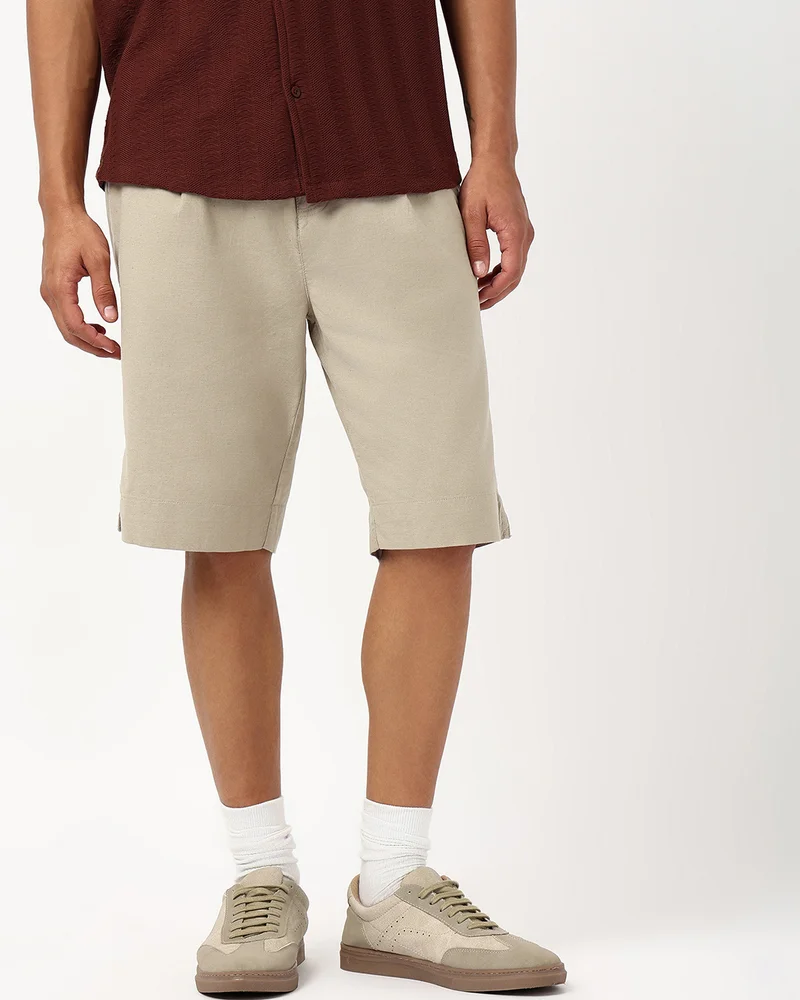 بيواكوف Men's Khaki Brown Oversized Cotton Linen Shorts